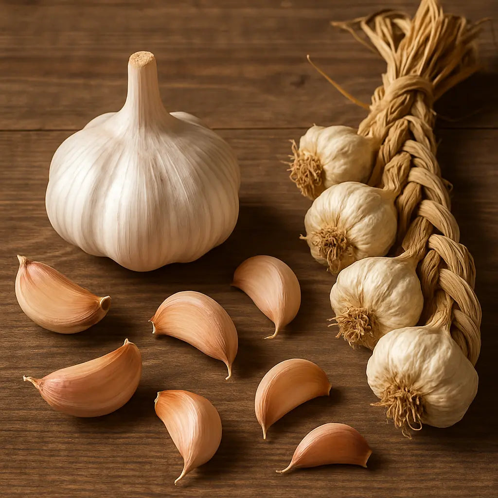 Tête d'ail, gousses et tresse d'ail séché sur une table en bois