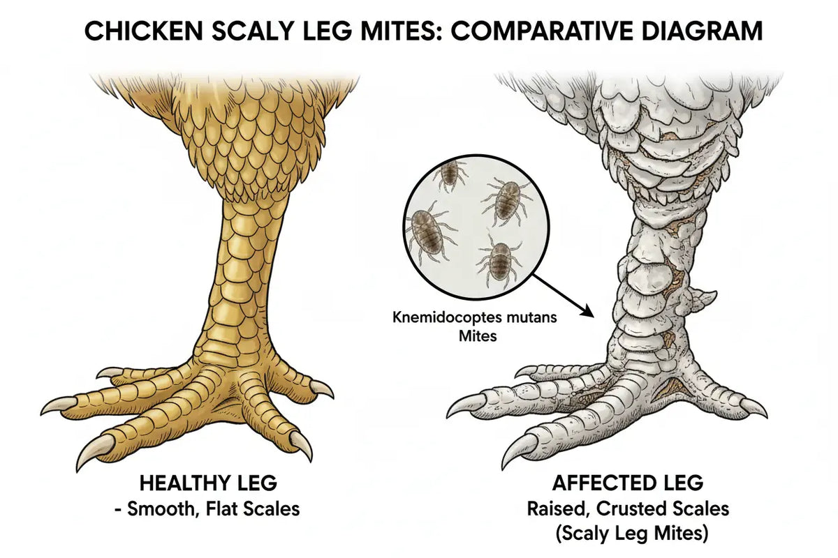 Schéma comparant une patte de poule saine et une patte aux écailles soulevées par la gale