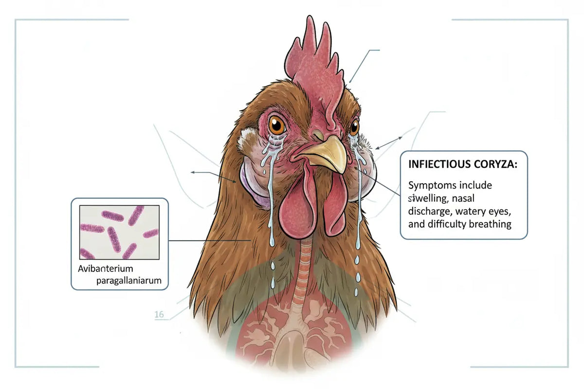 Illustration d'une poule aux yeux larmoyants et au bec qui coule, signes respiratoires