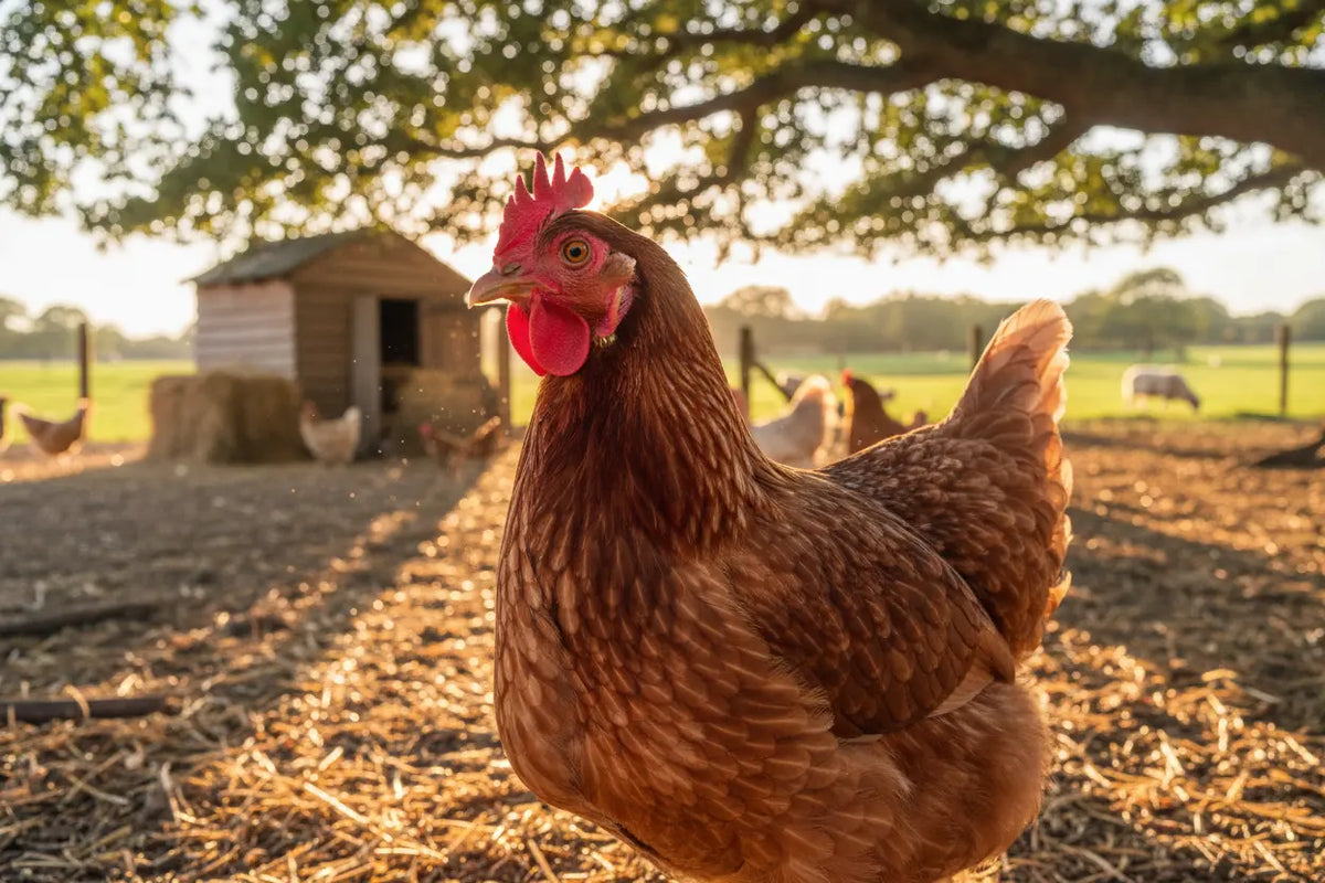 Poule rousse dans une cour de ferme au soleil couchant