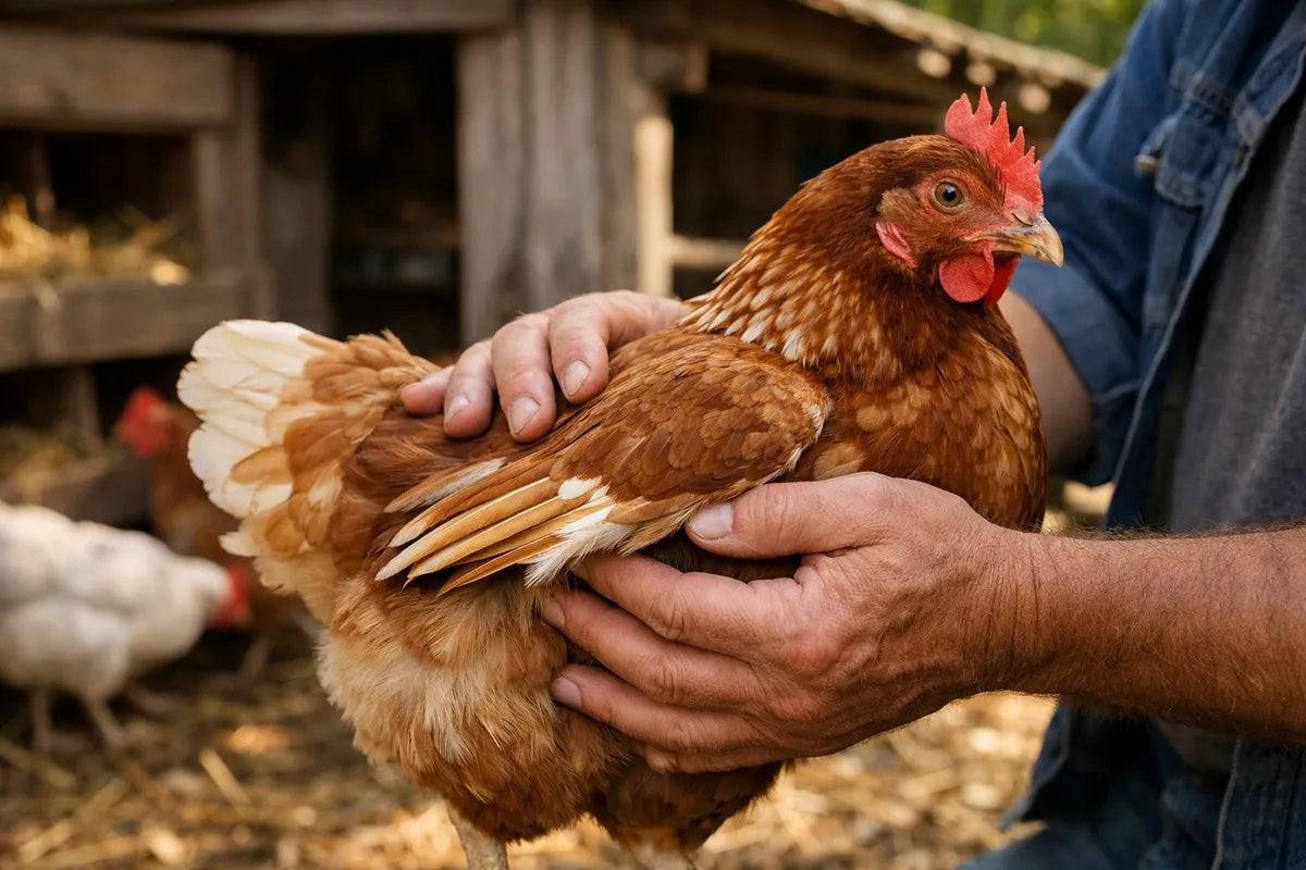 Éleveur tenant une poule rousse pour inspecter son plumage