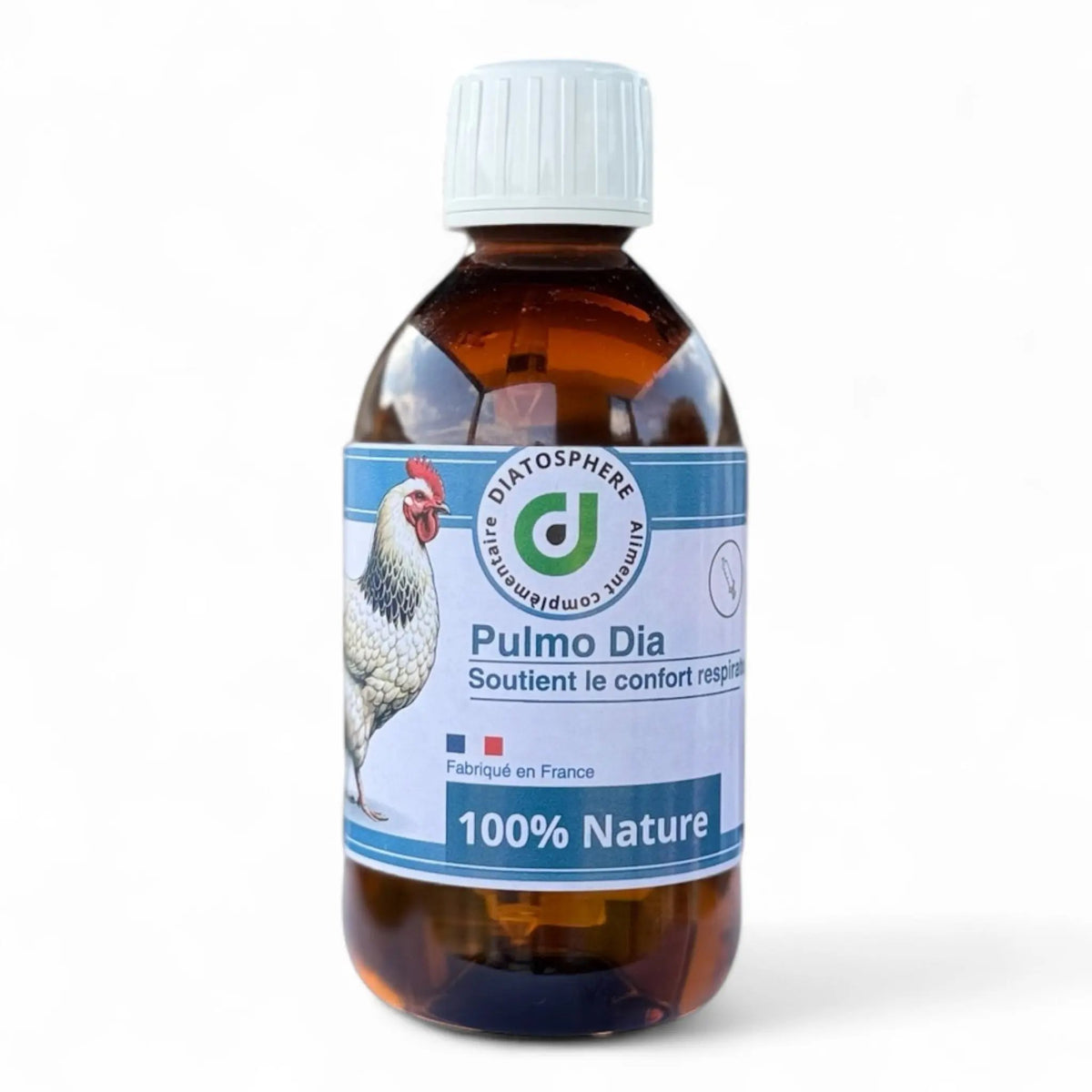 Flacon de Pulmo Dia, aliment complémentaire pour le confort respiratoire des poules