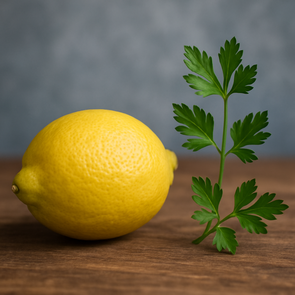 Un citron jaune entier et un brin de persil posés sur une surface en bois