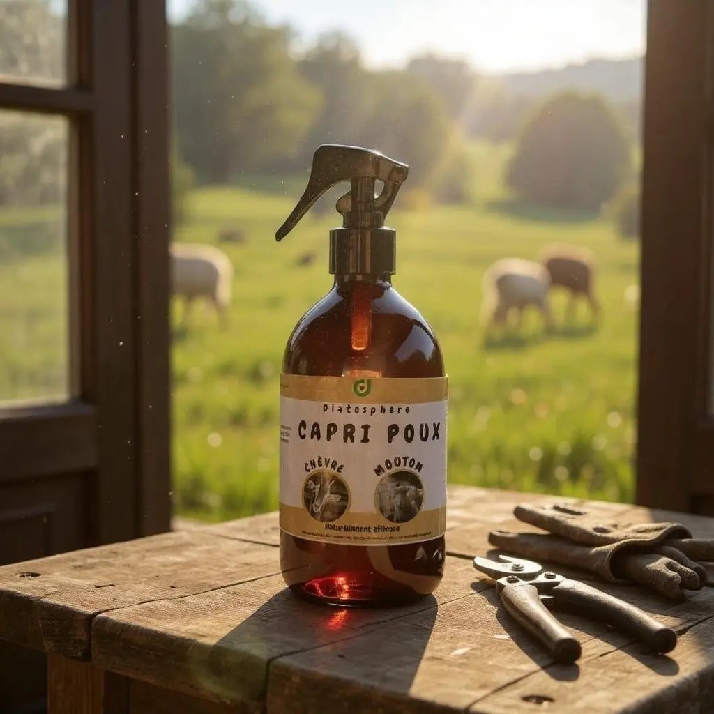 Ingrédients Capri Poux : huiles essentielles pyrèthre lavandin, vinaigre pour anti-poux chèvres