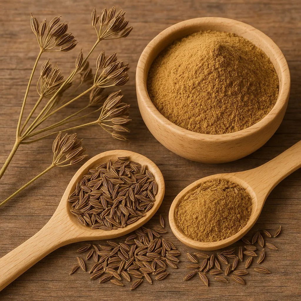 Bol en bois de poudre de carvi, cuillères de graines et tiges sèches à ombelles sur une table en bois