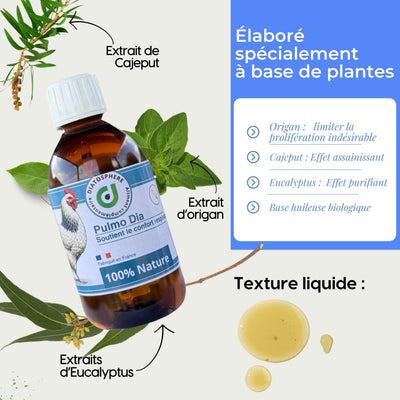 Pulmo Dia, flacon d'aliment complémentaire pour poules et volailles