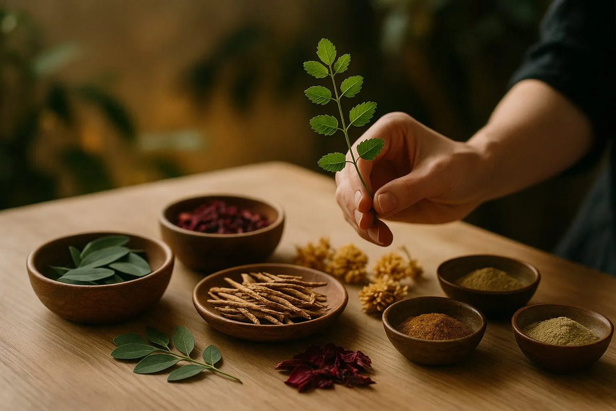 Une main tenant un brin de feuilles au-dessus d'une table en bois garnie de sept bols de plantes, baies et poudres