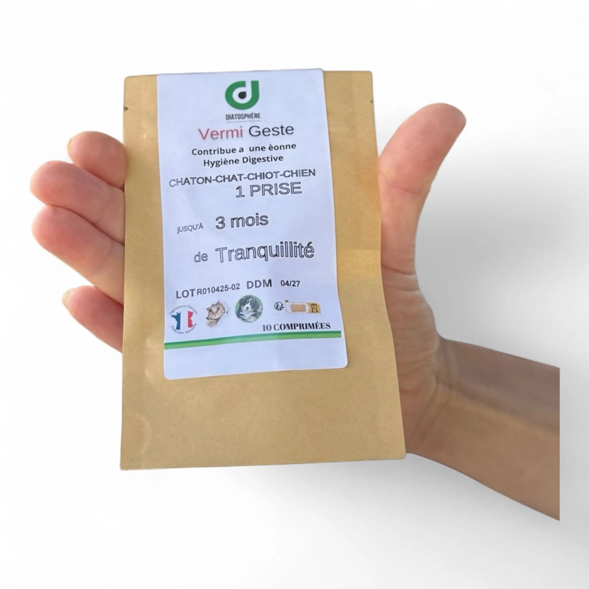 Vermifuge naturel Vermi Geste pour chien et chat, sachet de 10 comprimés anti-parasites intestinaux