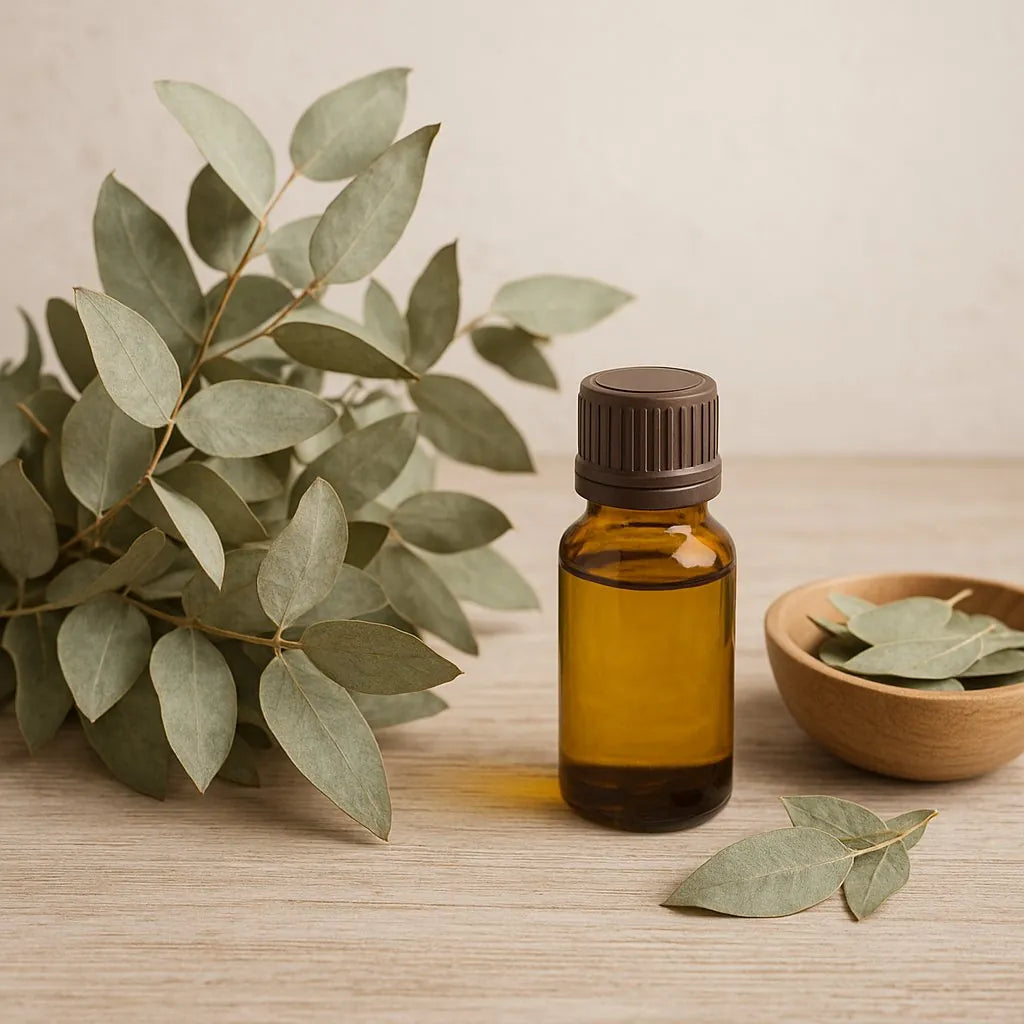 Rameau d'eucalyptus, flacon en verre ambré et petit bol en bois de feuilles sur une table en bois clair