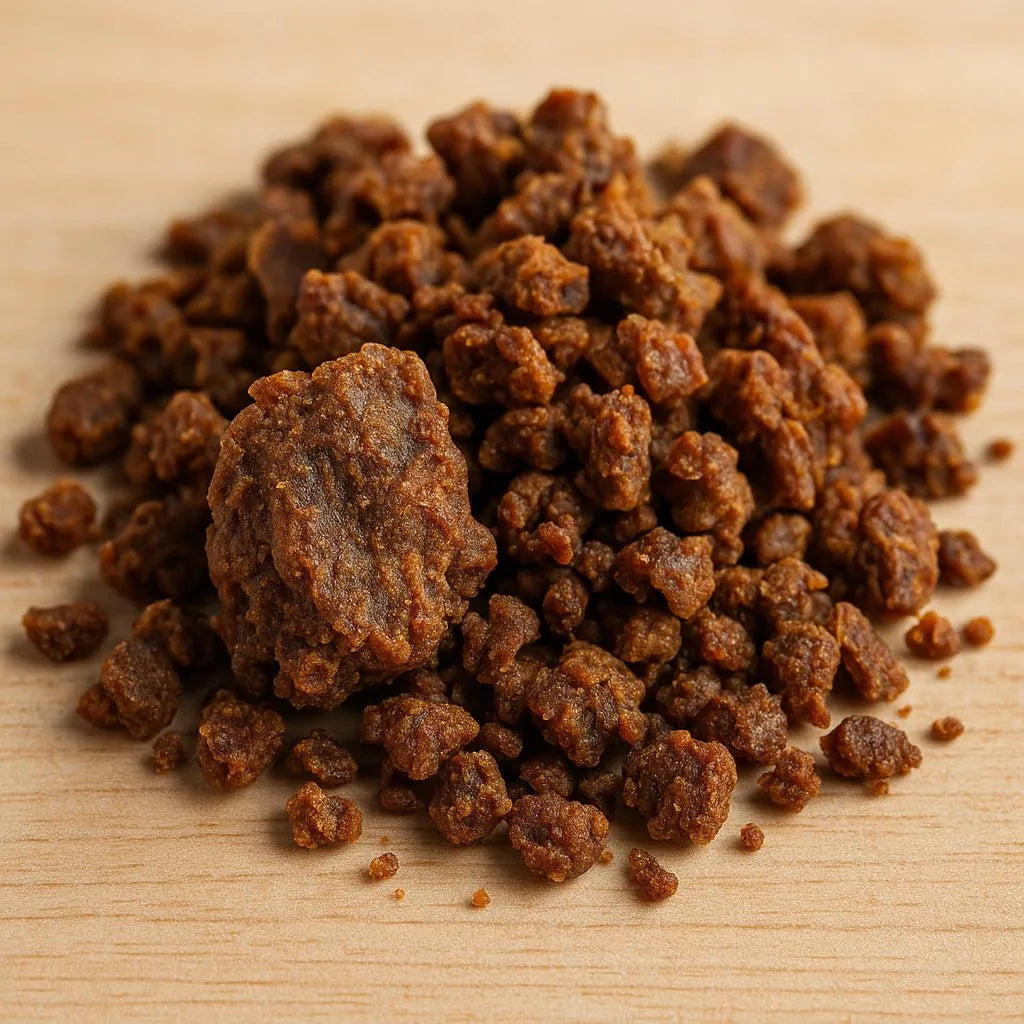 Gros plan de morceaux de propolis brun foncé sur une surface en bois clair